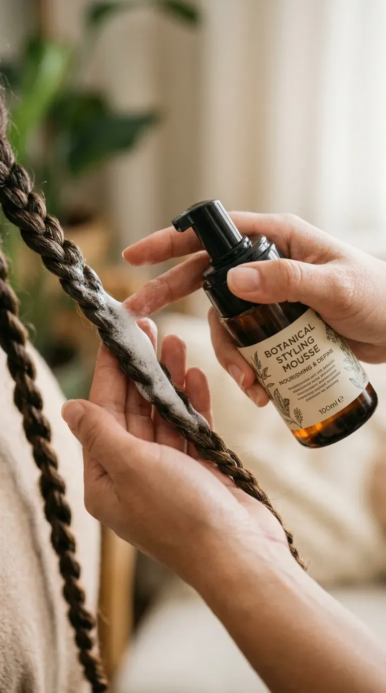 A close-up shot of hands applying a dollop of styling mousse or foam to a section of braids, smoothing it down from root to tip.