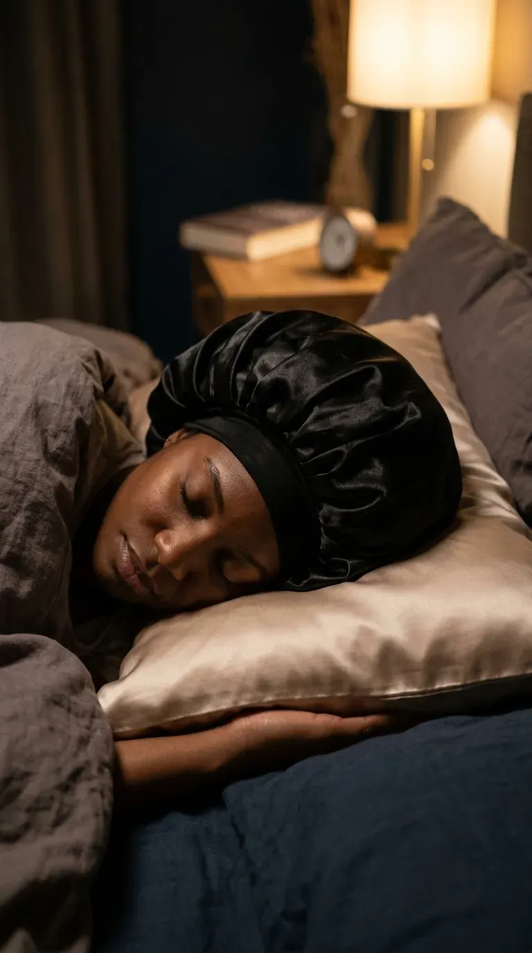 A woman with refreshed braids wearing a large, black satin bonnet, sleeping or lying down with a silk pillowcase.
