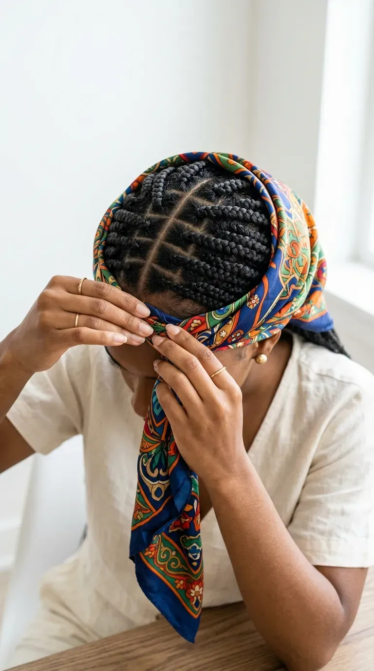 A woman tying a silk or satin scarf around her head over her braids, with the ends tied at the front to lay down the edges and roots.