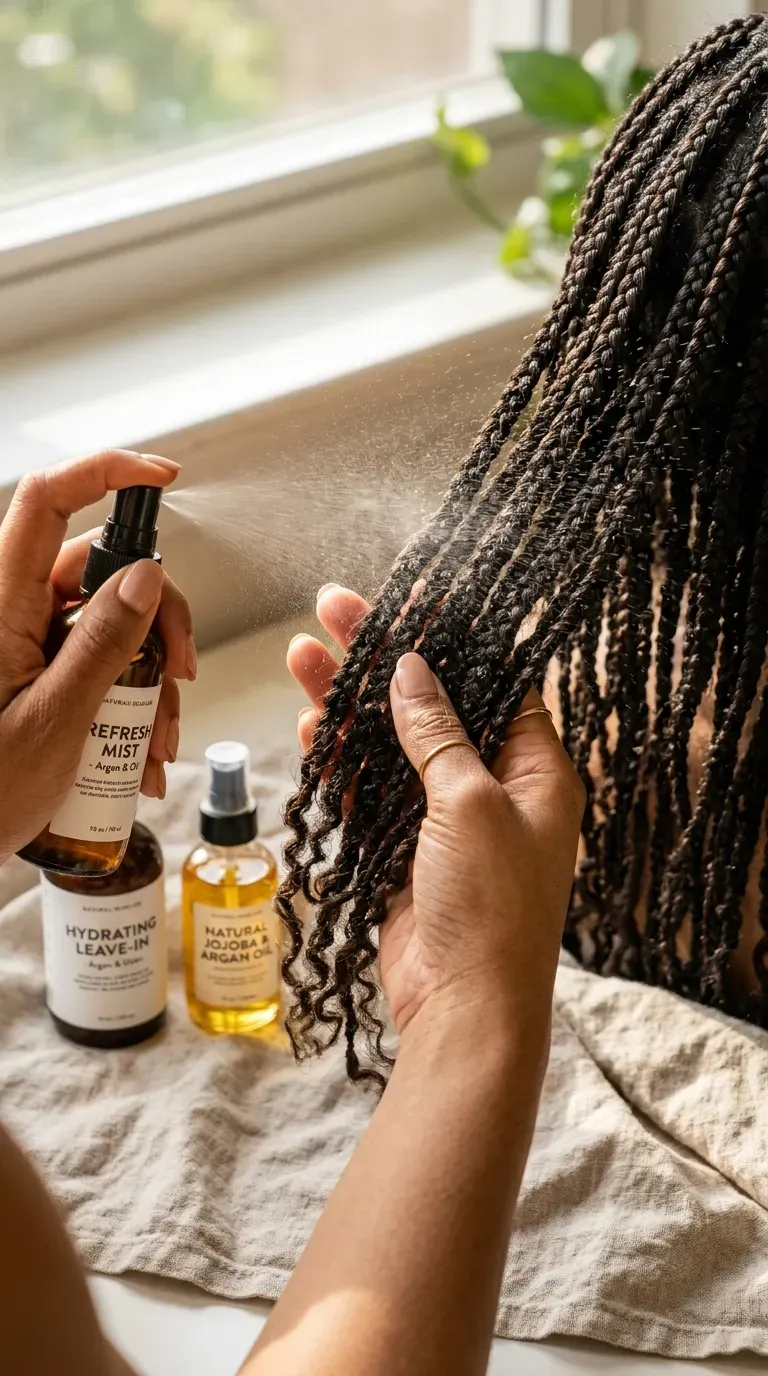 A close-up of a woman with medium braids being gently sprayed with a water and leave-in conditioner mix, showing the refresh process.