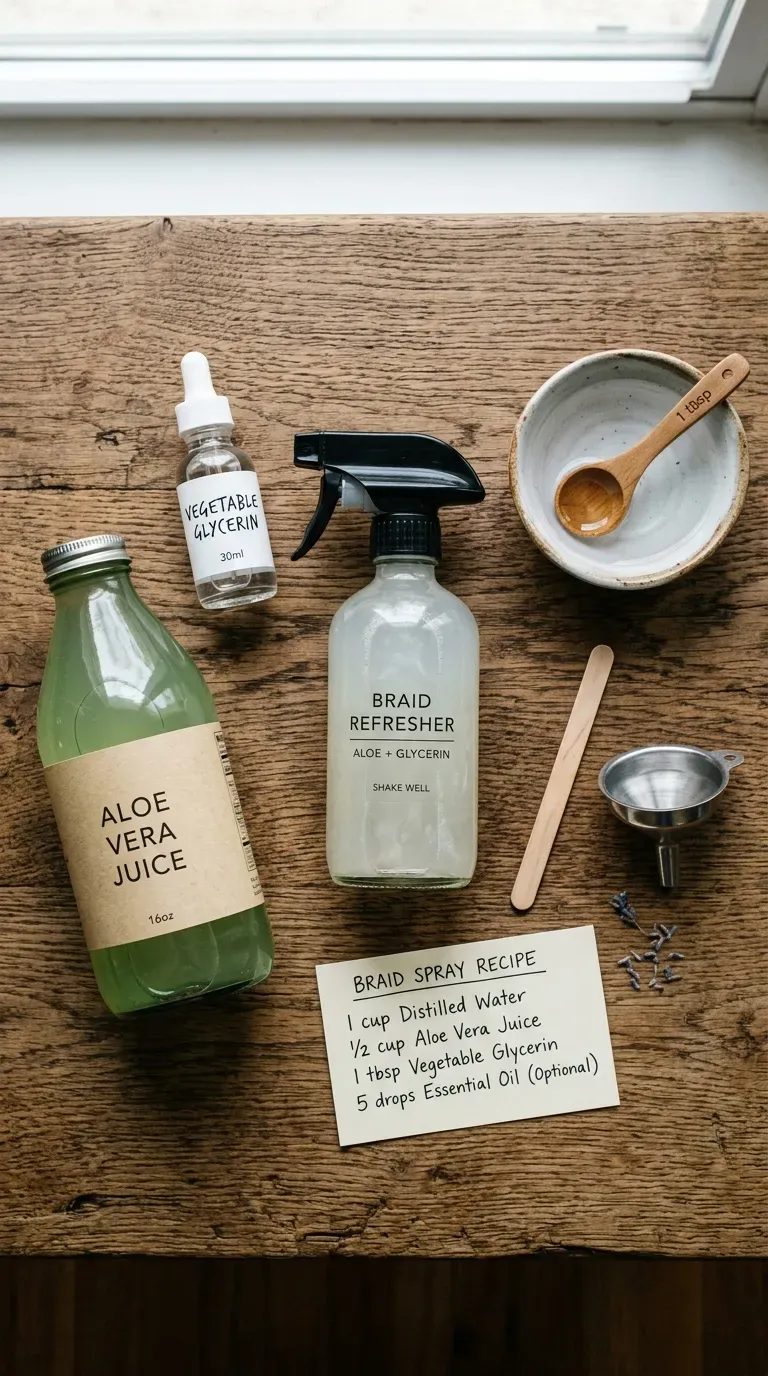 A collection of DIY braid refresh spray ingredients, including a spray bottle, aloe vera juice, glycerin, and water, displayed on a wooden surface.